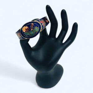 Cobalt Blue Cloisonné Hinged Bangle Bracelet Floral Butterfly Design